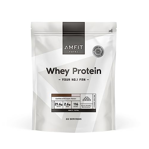 Marca Amazon - Amfit Nutrition proteína de suero en polvo, sabor a cookies y crema, 33 porciones, 1 kg (Paquete de 1)