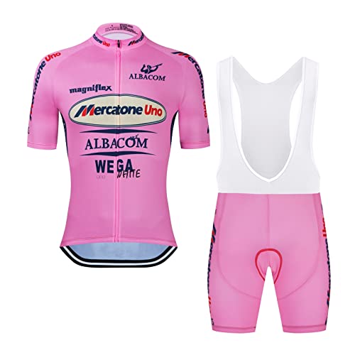 Marco Pantani Retro profesional equipo Mercatone Uno Pink Ropa ciclismo conjunto para hombre, manga corta bicicleta ropa babero corto kits gel pad (S)