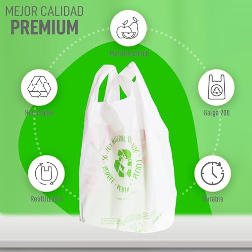 MARCPRINT 50 Bolsas Plastico - Bolsas de Plastico (42x53) Galga 200 - Bolsas de Plastico con Asas 70% Recicladas - Bolsas Plastico Aptas Uso Alimentario - Bolsas Plastico Asas de Polietileno