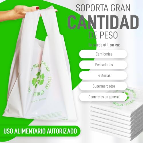 MARCPRINT 50 Bolsas Plastico - Bolsas de Plastico (42x53) Galga 200 - Bolsas de Plastico con Asas 70% Recicladas - Bolsas Plastico Aptas Uso Alimentario - Bolsas Plastico Asas de Polietileno