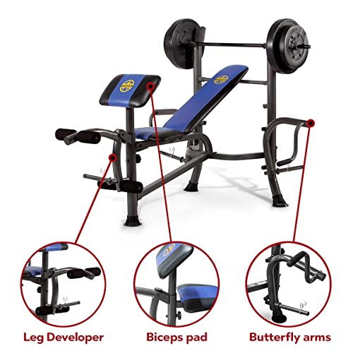 Marcy MWB-36780b para principiantes – Press de banca con barra de 35 kg - Banco de musculación completo multifunción – Curl de piernas & Curl de bíceps – Pec Dec Pectorales