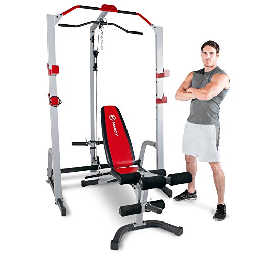 Marcy Power Rack MD-8851R Deluxe, Rack Sentadillas y Dominadas con Polea alta y baja y con Banco de Pesas