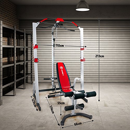 Marcy Power Rack MD-8851R Deluxe, Rack Sentadillas y Dominadas con Polea alta y baja y con Banco de Pesas