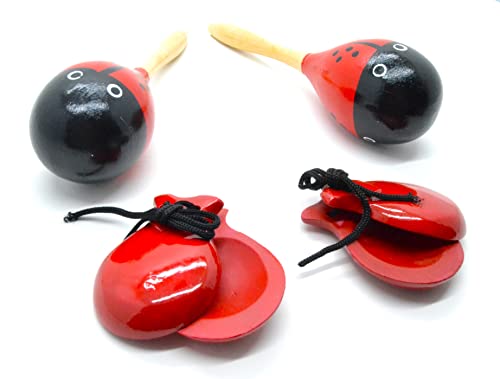 mariquita roja Maracas y castañuelas adultos rojo y negro, conjunto musical completo de España, Rojo Color de Lunares, Colores Tradicionales españoles, Agitadores de Rumba Traqueteo Percusión de Mano