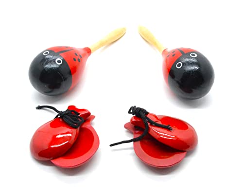 mariquita roja Maracas y castañuelas adultos rojo y negro, conjunto musical completo de España, Rojo Color de Lunares, Colores Tradicionales españoles, Agitadores de Rumba Traqueteo Percusión de Mano