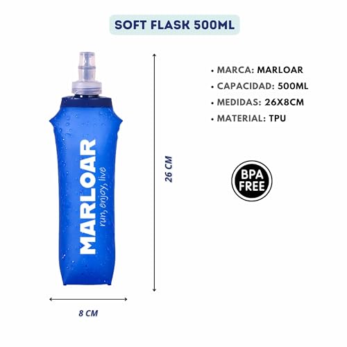 MARLOAR Soft Flask - Botella Plegable - Botella Plegable Silicona - pack de 2 unidades de Soft Flask 500ml para running, trail running y senderismo. BPA free. (500 ML, AZUL)