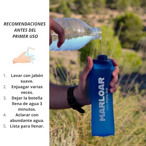 MARLOAR Soft Flask - Botella Plegable - Botella Plegable Silicona - pack de 2 unidades de Soft Flask 500ml para running, trail running y senderismo. BPA free. (500 ML, AZUL)