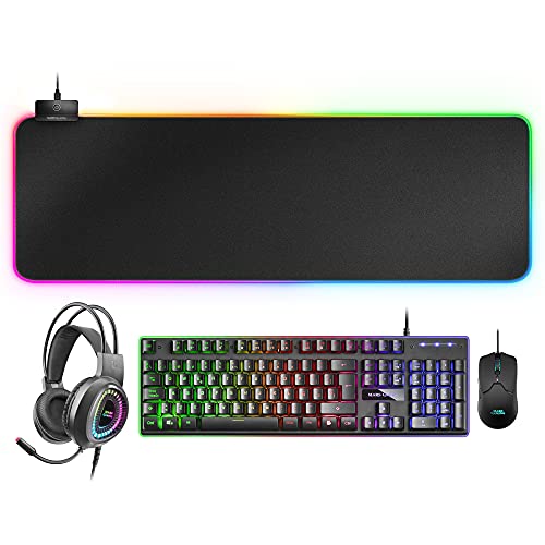 Mars Gaming MCPEX, Combo Teclado Gaming H-Mech FRGB, Ratón Gaming 10000DPI, Cascos Gaming y Alfombrilla Escritorio XXL, Negro, Teclado Español