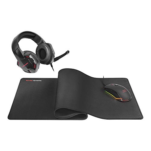 Mars Gaming MCPPRO, Combo Gaming, Ratón 9800DPI, Alfombrilla XL y Cascos Over-ear, Negro