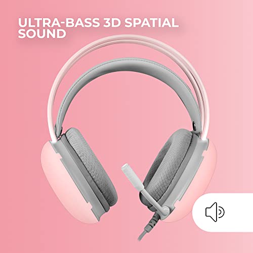 Mars Gaming MH-Glow Rosa, Auriculares 360° Full Chroma RGB Flow, Micrófono Cancelación de Ruido, Diseño Ultra-Ligero, Almohadillas Mempory-Foam, Compatibilidad Universal