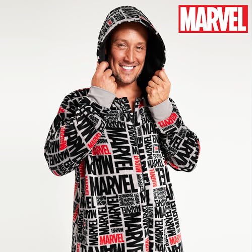 Marvel Pijama Polar para Hombre - Mono Pijama con Capucha Entero Invierno Talla Grande, Regalo Hombres, Chicos, Navidad (Gris/Negro,XL)