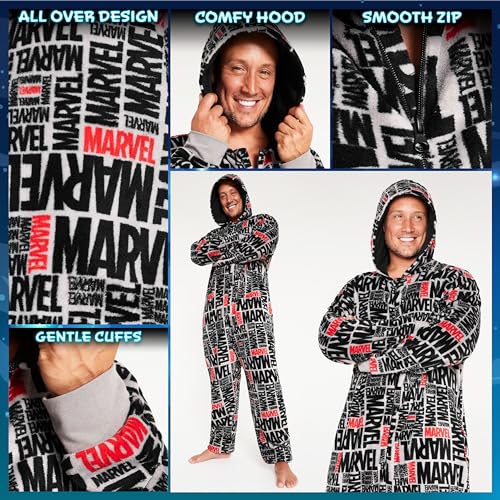 Marvel Pijama Polar para Hombre - Mono Pijama con Capucha Entero Invierno Talla Grande, Regalo Hombres, Chicos, Navidad (Gris/Negro,XL)