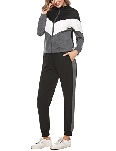 Marvmys Conjunto Chándal Mujer Contraste Conjuntos Deportivo Otoño Invierno Top Manga Larga con Cremallera y Pantalones Deportivos A-Gris Oscuro S