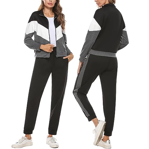 Marvmys Conjunto Chándal Mujer Contraste Conjuntos Deportivo Otoño Invierno Top Manga Larga con Cremallera y Pantalones Deportivos A-Gris Oscuro S