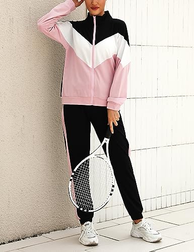 Marvmys Conjunto Chándal Mujer Contraste Conjuntos Deportivo Otoño Invierno Top Manga Larga con Cremallera y Pantalones Deportivos A-Rosa M