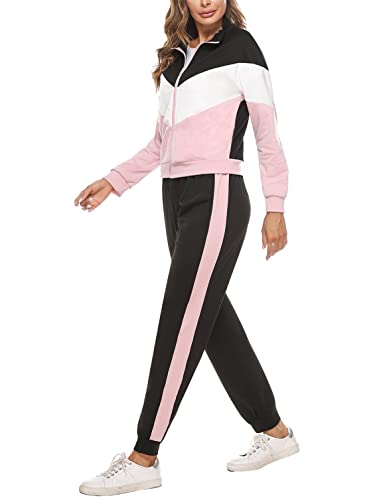 Marvmys Conjunto Chándal Mujer Contraste Conjuntos Deportivo Otoño Invierno Top Manga Larga con Cremallera y Pantalones Deportivos A-Rosa M