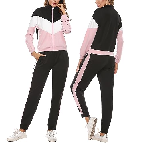 Marvmys Conjunto Chándal Mujer Contraste Conjuntos Deportivo Otoño Invierno Top Manga Larga con Cremallera y Pantalones Deportivos A-Rosa M