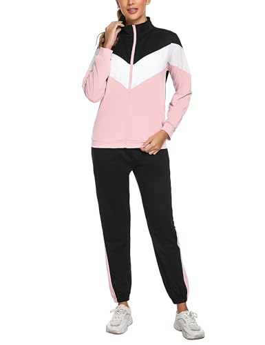 Marvmys Conjunto Chándal Mujer Contraste Conjuntos Deportivo Otoño Invierno Top Manga Larga con Cremallera y Pantalones Deportivos B-rosa L