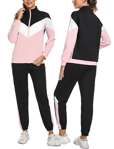 Marvmys Conjunto Chándal Mujer Contraste Conjuntos Deportivo Otoño Invierno Top Manga Larga con Cremallera y Pantalones Deportivos B-rosa L