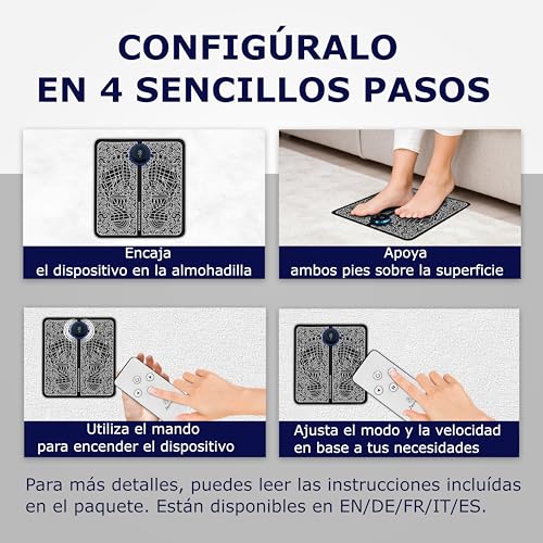 Masajeador de pies electrico EMS, Relajación de pies, Mejora de la circulación de piernas cansadas y alivio de fascitis plantar, Incluye mando a distancia e instrucciones, 8 modos y 19 niveles