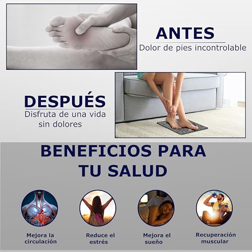 Masajeador de pies electrico EMS, Relajación de pies, Mejora de la circulación de piernas cansadas y alivio de fascitis plantar, Incluye mando a distancia e instrucciones, 8 modos y 19 niveles