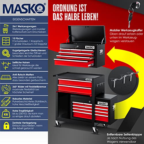 MASKO® Carro de taller con maletín incluido, 9 compartimentos con cerradura metal macizo, sin herramientas, para guardar herramientas, rojo