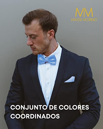 Massi Morino Pajarita azul con pañuelo para hombre Set - Pajarita para traje de caballero para boda - Pajarita ajustable azul