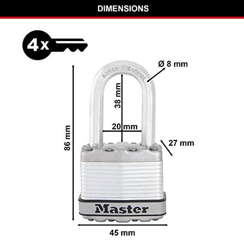 MASTER LOCK Candado Alta Seguridad, Llaves, Acero Laminado, Exterior, Archo M, M1EURDLF - para Portales, Garages, Sótanos, Color Plateado, 45 mm