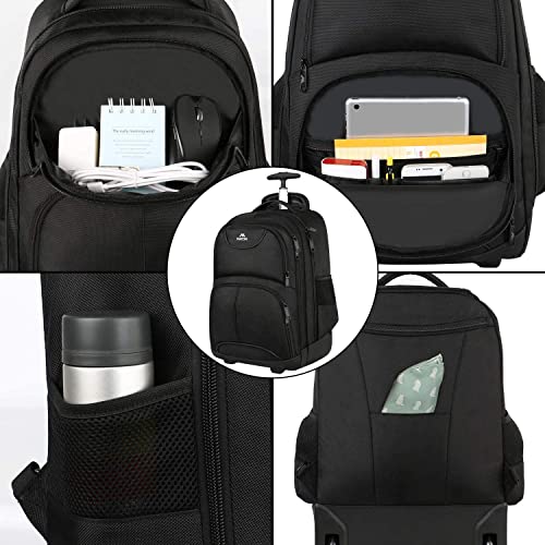 MATEIN Mochila para portátil con Ruedas, Mochila para portátil con Ruedas, Mochila con Ruedas de Viaje Resistente al Agua para Hombres, Compatible para Laptop de 17 Pulgadas, Negro