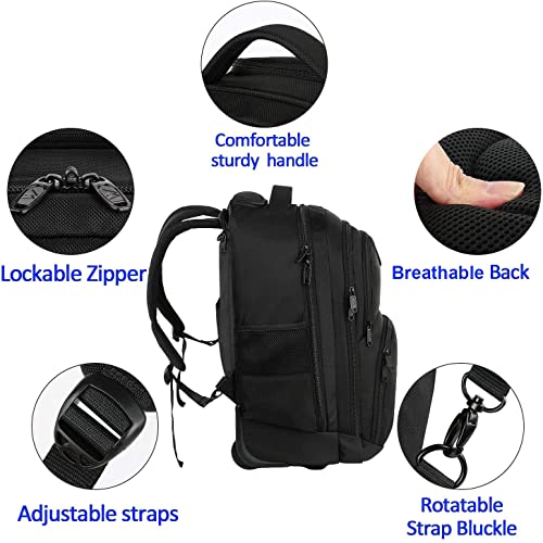 MATEIN Mochila para portátil con Ruedas, Mochila para portátil con Ruedas, Mochila con Ruedas de Viaje Resistente al Agua para Hombres, Compatible para Laptop de 17 Pulgadas, Negro