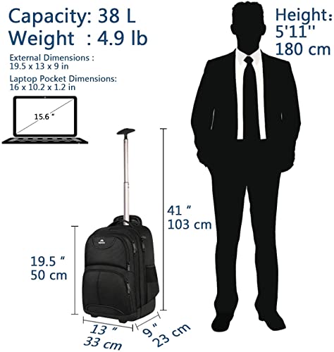 MATEIN Mochila para portátil con Ruedas, Mochila para portátil con Ruedas, Mochila con Ruedas de Viaje Resistente al Agua para Hombres, Compatible para Laptop de 17 Pulgadas, Negro