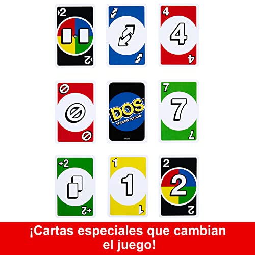 Mattel Games Juego de cartas DOS Segunda Edición Juego de mesa familiar de UNO +7 años (Mattel HNN01)