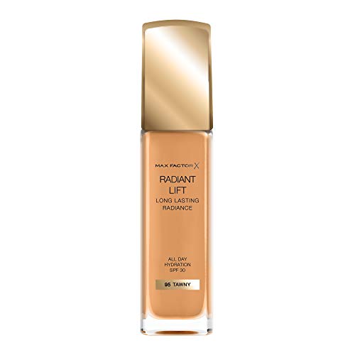 Max Factor Radiant Lift Liquid Pump cobertura media a completa Base de acabado radiante con SPF30 y ácido hialurónico, 095 Tawny, tono de piel oscuro, 30 ml