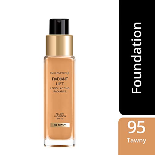 Max Factor Radiant Lift Liquid Pump cobertura media a completa Base de acabado radiante con SPF30 y ácido hialurónico, 095 Tawny, tono de piel oscuro, 30 ml