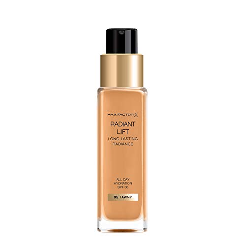 Max Factor Radiant Lift Liquid Pump cobertura media a completa Base de acabado radiante con SPF30 y ácido hialurónico, 095 Tawny, tono de piel oscuro, 30 ml