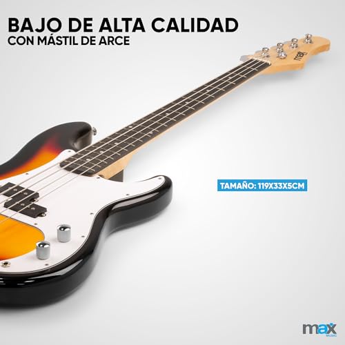 Max GigKit Pack completo de bajo electrico con amplificador bajo eléctrico de 40W, soporte bajo electrico de suelo, funda bajo electrico, afinador, cable de 3 metros, cuerdas bajo - Color Sunburst