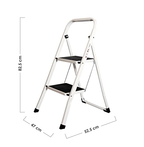 MAXELLPOWER Escalera Plegable DOMESTICA para HOGAR, Acero inoxidable, 2 PELDAÑOS Antideslizante MULTIFUNCION Resistente 52.5x47x82.5CM 4KG (2 PELDAÑOS), Gris.