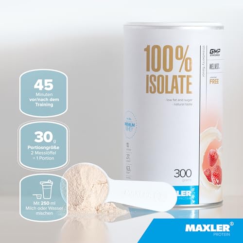 Maxler Polvo de proteína 100% aislada – Aislados de suero de sabor natural de pasto – Proteína de suero aislado bajo en azúcar y delicioso honestamente – Fresa – 300 g