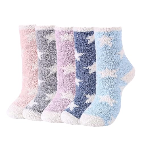 MAXQUU 5 pares de calcetines de felpa de estrella de cinco puntas, calcetines mullidos, calcetines de invierno de peluche, calcetines gruesos para mujer, calcetines mullidos para mujer, Azul Claro