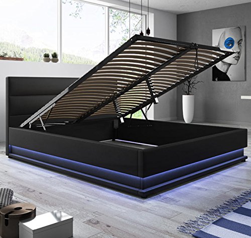 MB Muebles Bonitos Cama canapé abatible de Matrimonio Moderna Nitas con somier de láminas para colchón de 150x190cm Negro diseño Italiano con LED Blanco Azulado