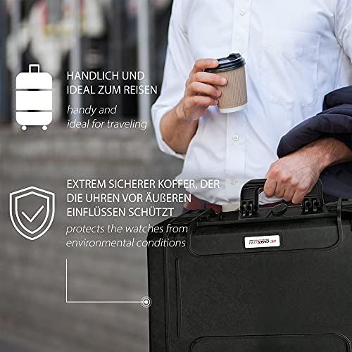 mc-cases® - Caja para Relojes con Espacio para 4 Piezas - Maletín de Viaje Impermeable y con un Cierre Seguro - Máxima protección - Fabricada en Alemania