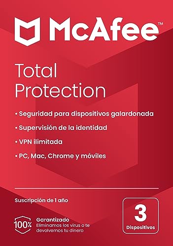 McAfee Total Protection 2023, 3 dispositivos, Software de seguridad en Internet con antivirus, VPN ilimitada, 1 año de suscripción, Tarjeta de clave