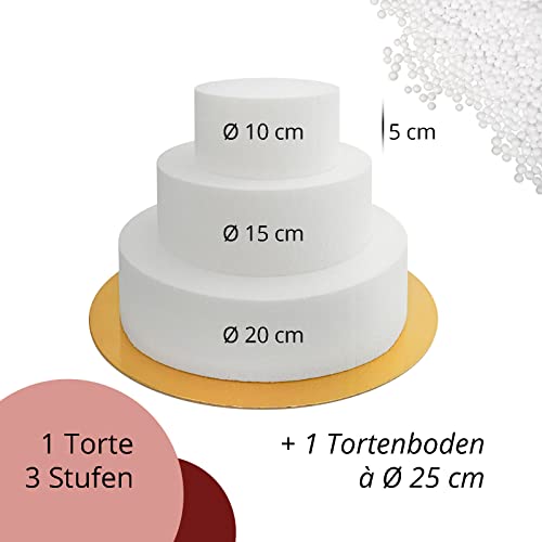 MCE-Commerce A3995994 Tartas ficticias de espuma de poliestireno de 3 niveles, diámetro de 10/15/20 cm, altura de 15 cm, tartas ficticias de color blanco, diámetro 20 cm