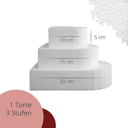 MCE-Commerce Juego de Tartas de poliestireno con Forma de corazón, 3 Pisos, 5 cm, 10 cm, 15 cm, 20 cm de Altura, Blanco, 20x20x15cm