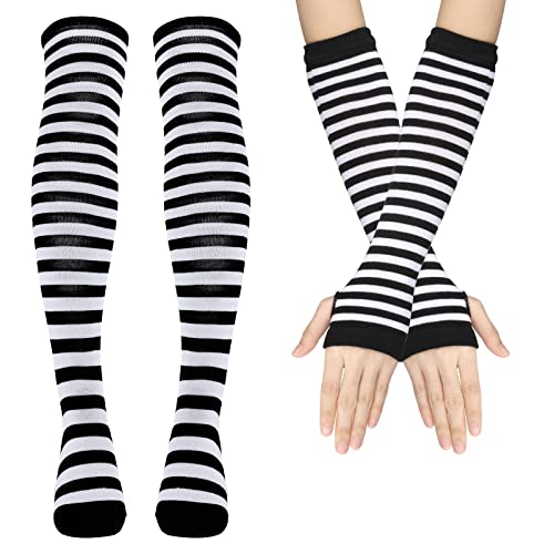 Medias a Rayas para Mujer Mitones sin Dedos Calentar Sobre la Rodilla Medias Leggings Calcetines Mitones Largos sin Dedos y Guantes Hasta el Codo Accesorios de Disfraces de Navidad de Halloween