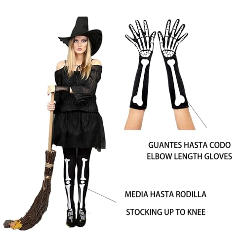 Medias Esqueleto Mujer Niña+Guantes Esqueleto Mujer Niña, Medias y Guantes Catrina, Medias y Guantes Disfraz Esqueleto, Accesorio Halloween, Halloween Skeleton Gloves Stockings Set (NEGRO)