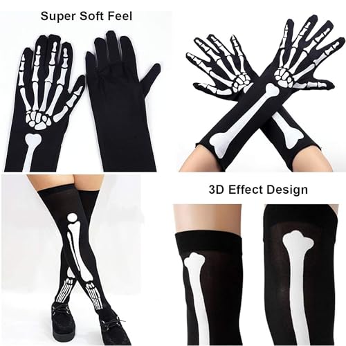 Medias Esqueleto Mujer Niña+Guantes Esqueleto Mujer Niña, Medias y Guantes Catrina, Medias y Guantes Disfraz Esqueleto, Accesorio Halloween, Halloween Skeleton Gloves Stockings Set (NEGRO)