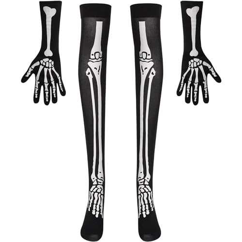 Medias Esqueleto Mujer Niña+Guantes Esqueleto Mujer Niña, Medias y Guantes Catrina, Medias y Guantes Disfraz Esqueleto, Accesorio Halloween, Halloween Skeleton Gloves Stockings Set (NEGRO)