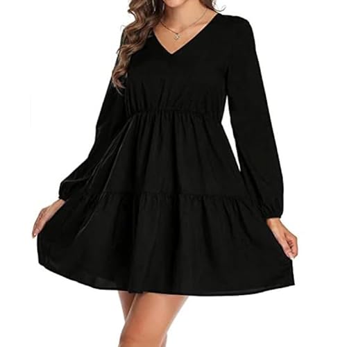 MeeQee Mujer Casuales Vestidos con Cuello en V Larga Manga Mini Vestido Moda Tendencia Suelto Volantes y Dobladillo de Patchwork Vestidos Cortos Elegante Colores Sólidos Vacaciones Vestir