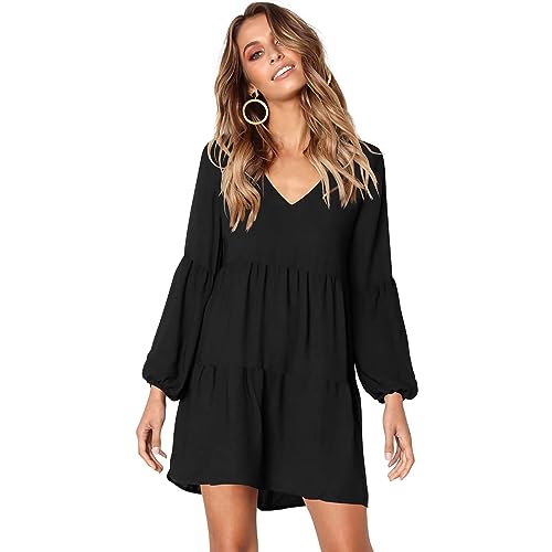 MeeQee Mujer Casuales Vestidos con Cuello en V Larga Manga Mini Vestido Moda Tendencia Suelto Volantes y Dobladillo de Patchwork Vestidos Cortos Elegante Colores Sólidos Vacaciones Vestir